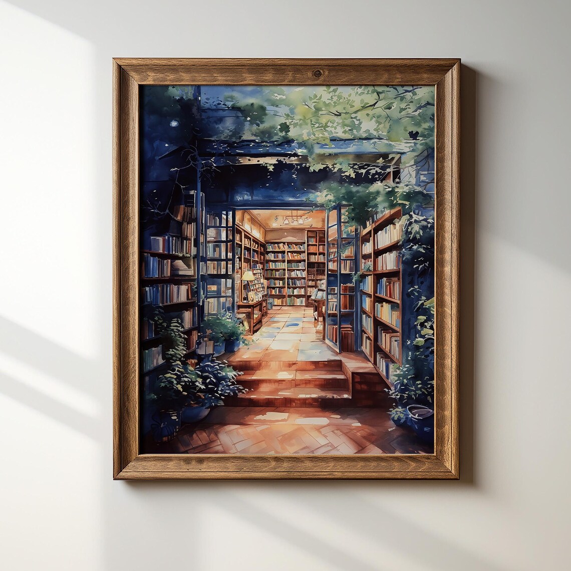 Sunlit Bookshop Interior Watercolor with Ladder Book Lover Poster - Image 3