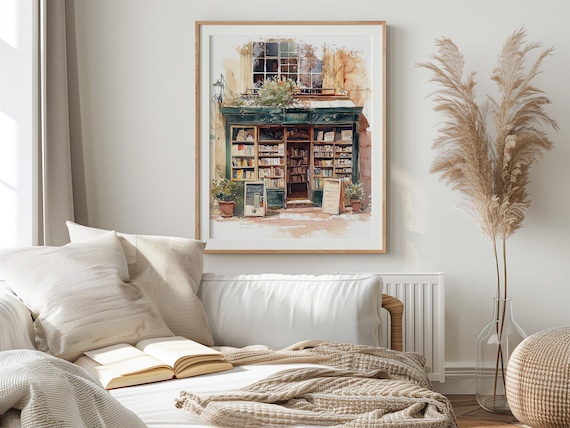 Charming Bookshop Exterior Watercolor Painting Bookish Reading Poster