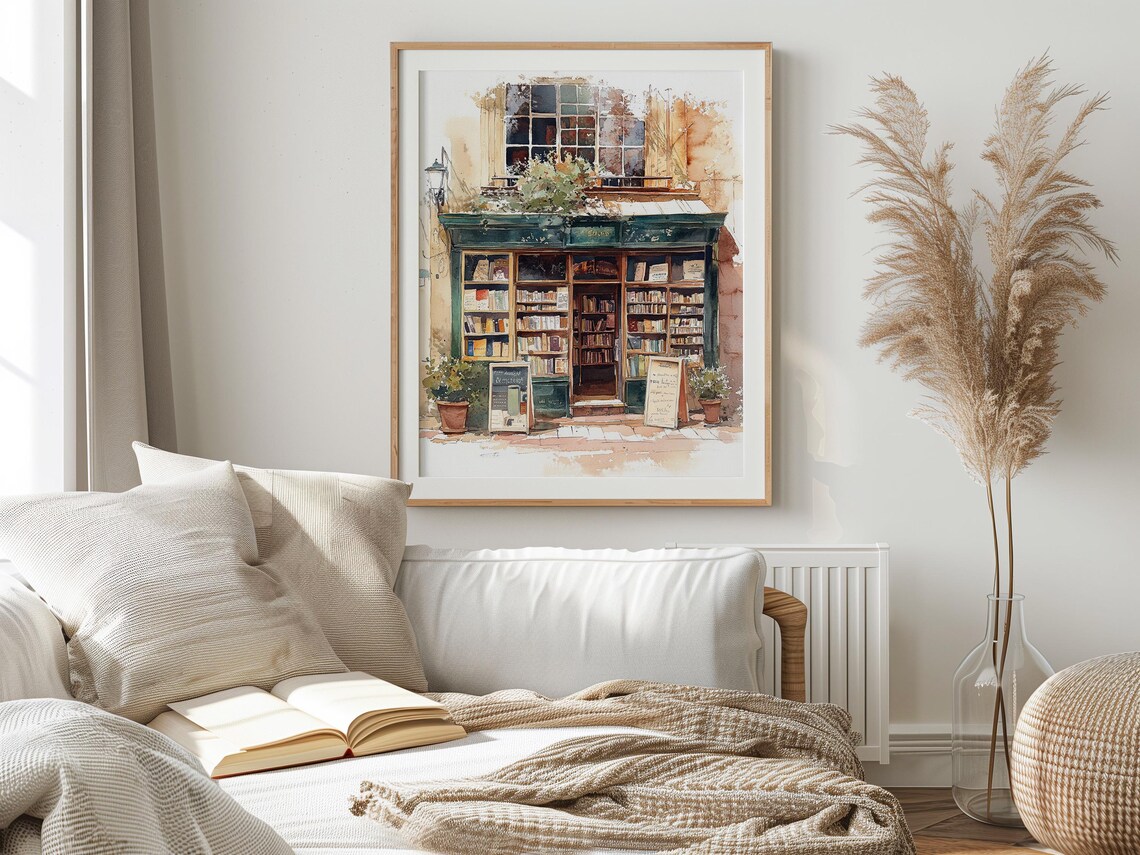 Charming Bookshop Exterior Watercolor Painting Bookish Reading Poster