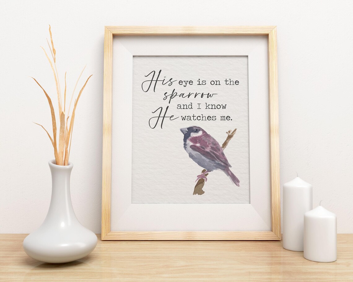 His Eye Is On The Sparrow Watercolor Bird Christian Hymn Wall Art - Image 2