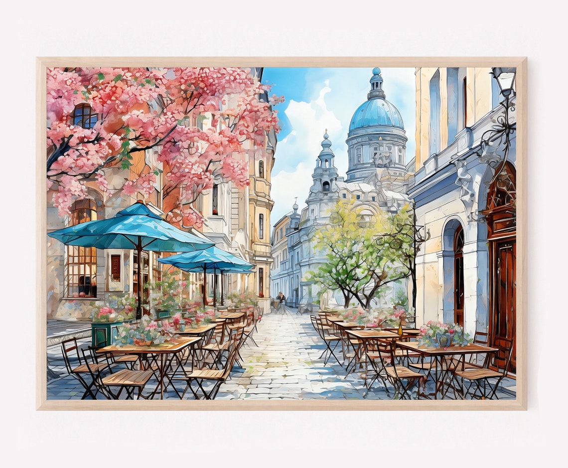 European Cafe Street Cherry Blossoms Spring Watercolor Wall Art