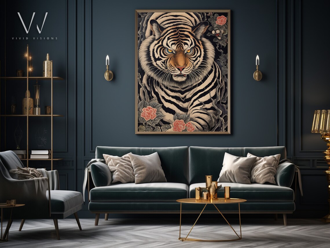 Fierce Japanese Tiger Tattoo Style Dark Peony Flower Art Poster - Image 3