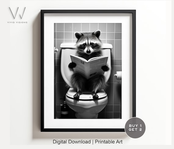 Raccoon Reading Newspaper on the Toilet Funny Bathroom Poster