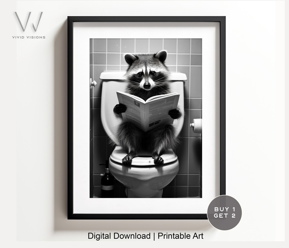 Raccoon Reading Newspaper on the Toilet Funny Bathroom Poster