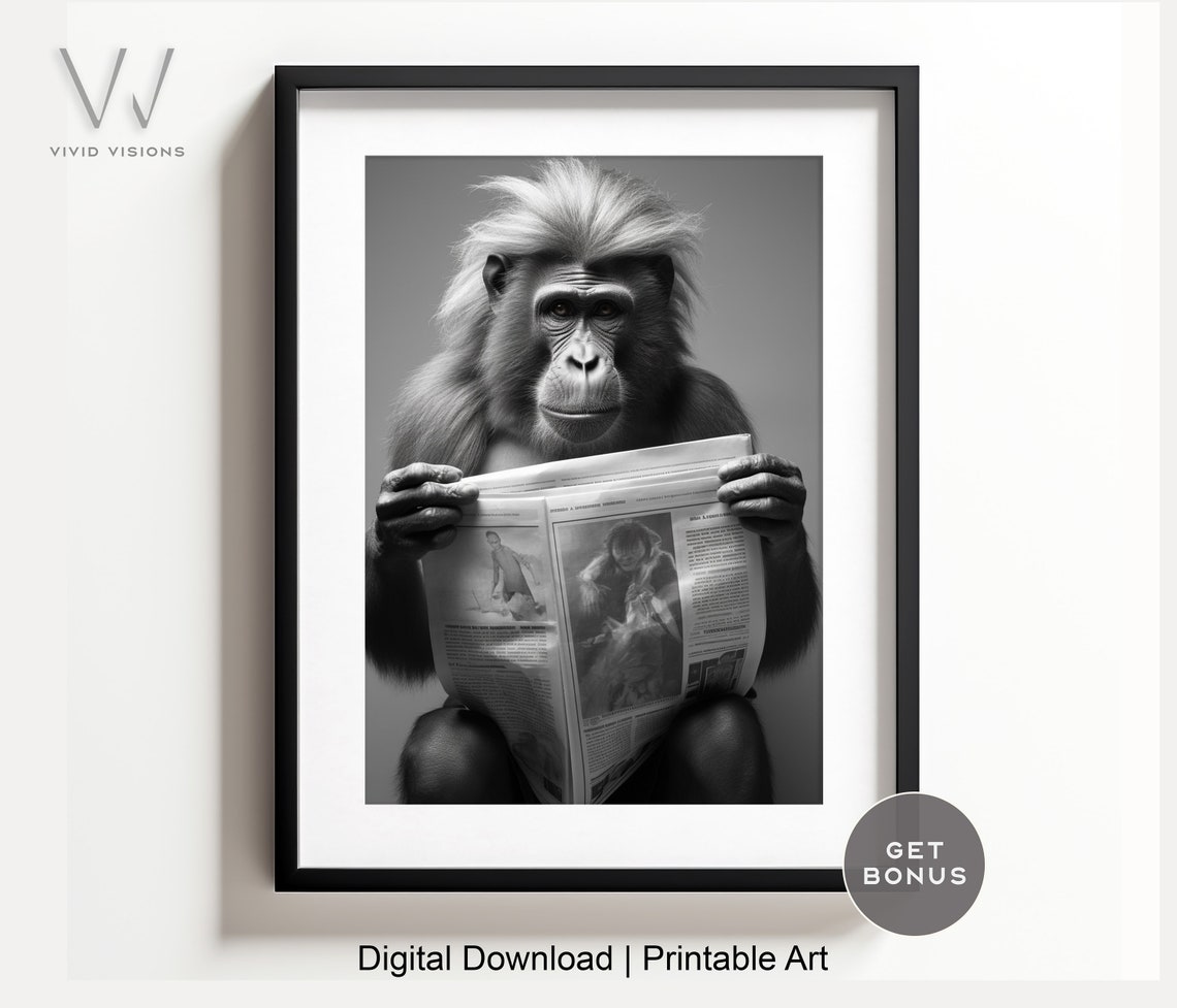 Long Haired Monkey Reading the Newspaper in Black and White Poster