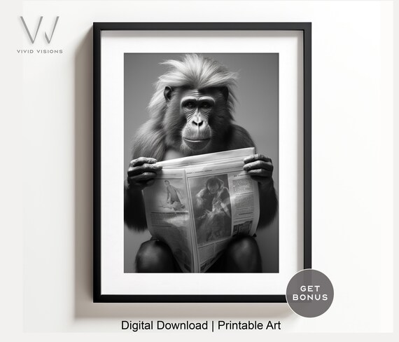 Long Haired Monkey Reading the Newspaper in Black and White Poster