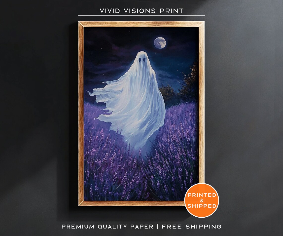 Ghost Floating Over A Lavender Field Poster Full Moon Halloween Night