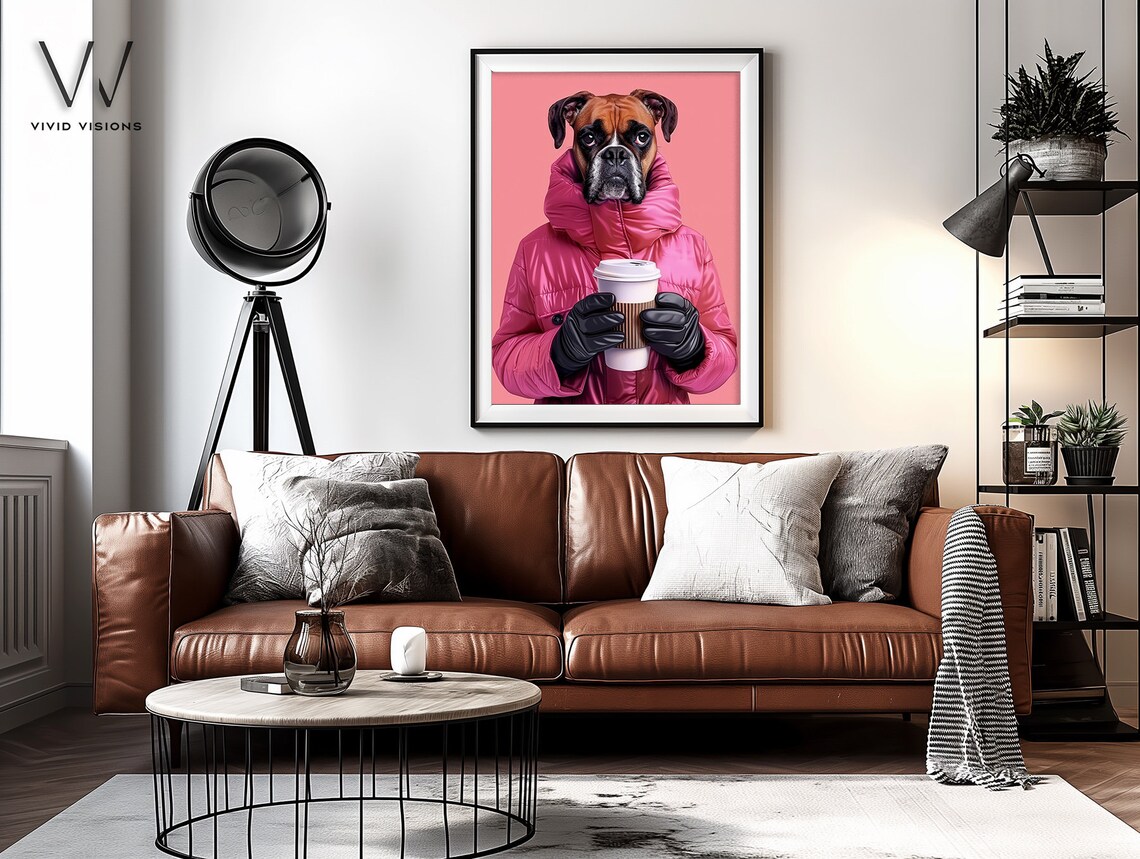 Boxer Dog in Pink Puffer Coat Holding Coffee Cute Winter Pet Poster - Image 4