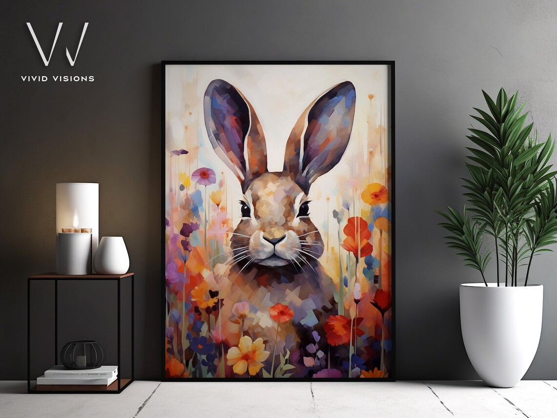 Watercolor Bunny Portrait Among Colorful Wildflowers Spring Poster