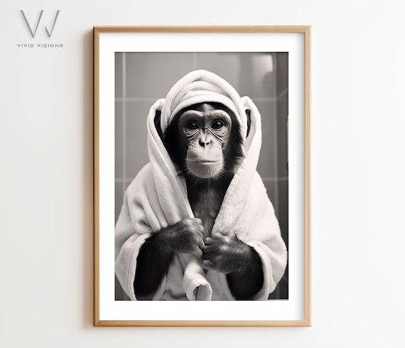 Funny Chimpanzee With Towel on Head Black and White Spa Poster