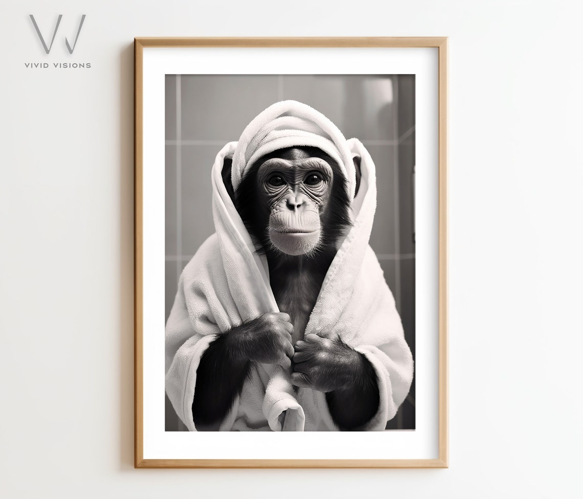 Funny Chimpanzee With Towel on Head Black and White Spa Poster