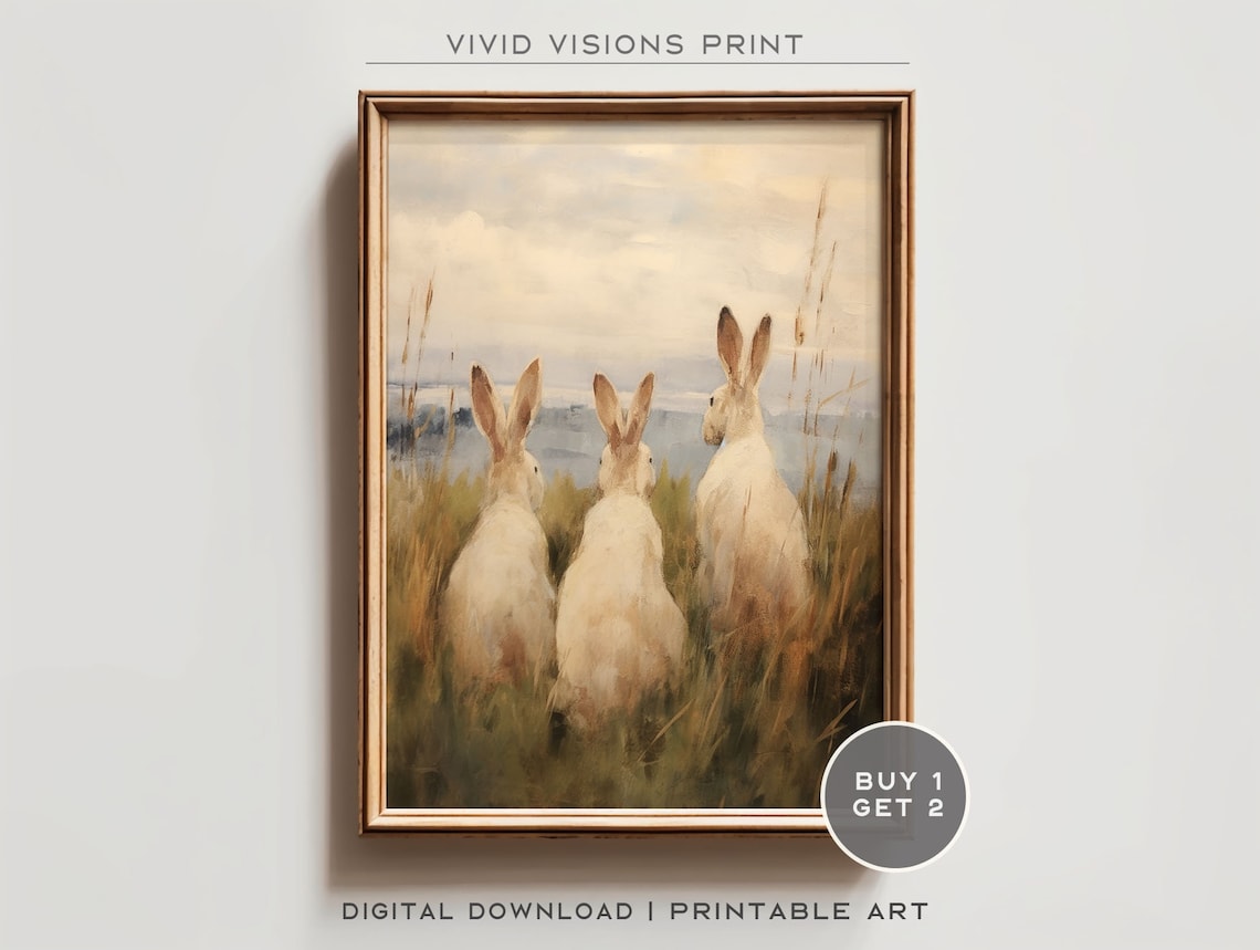 Three White Rabbits From Behind Wild Meadow Vintage Spring Poster