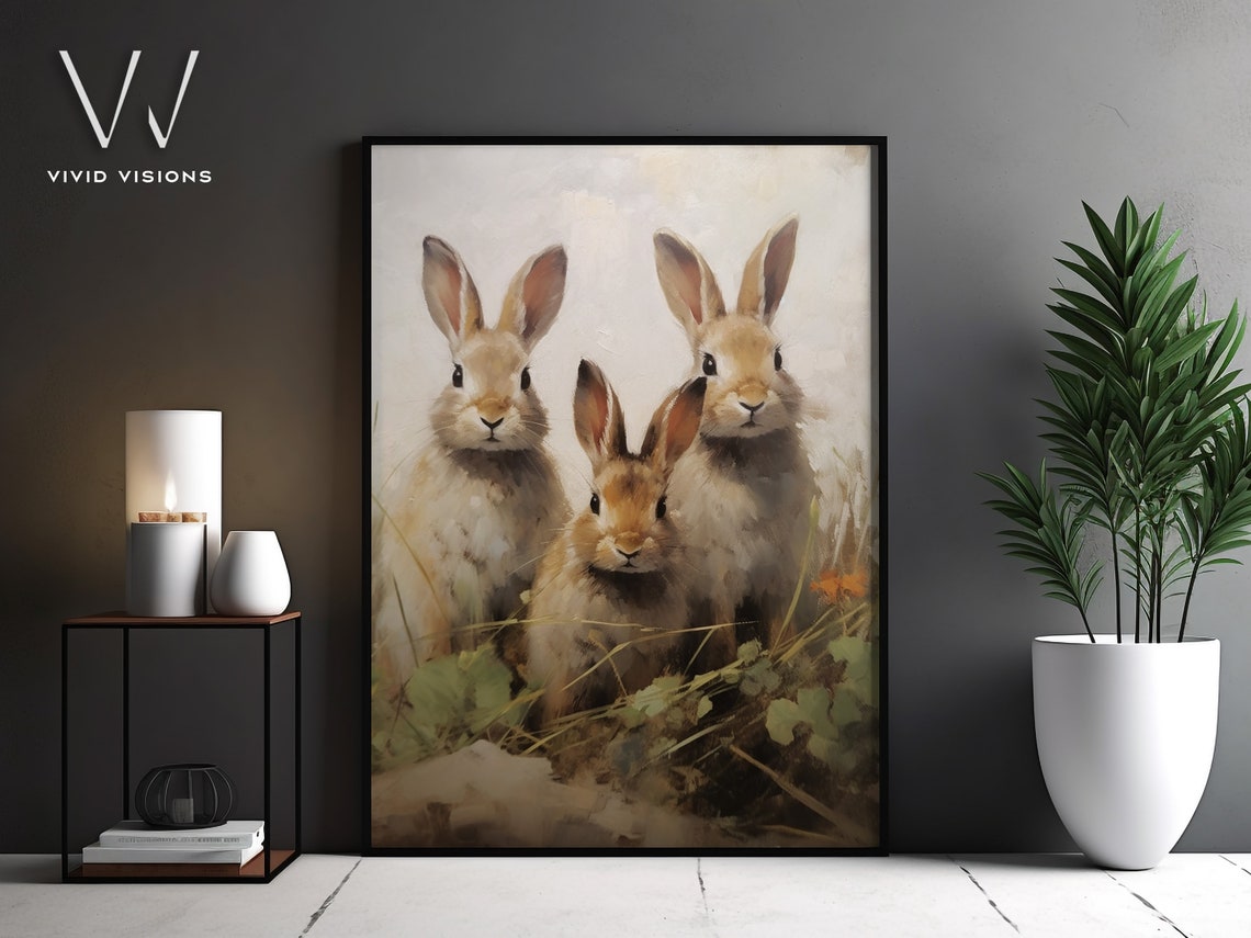 Three Bunnies in the Clover Vintage Rabbit Trio Spring Poster
