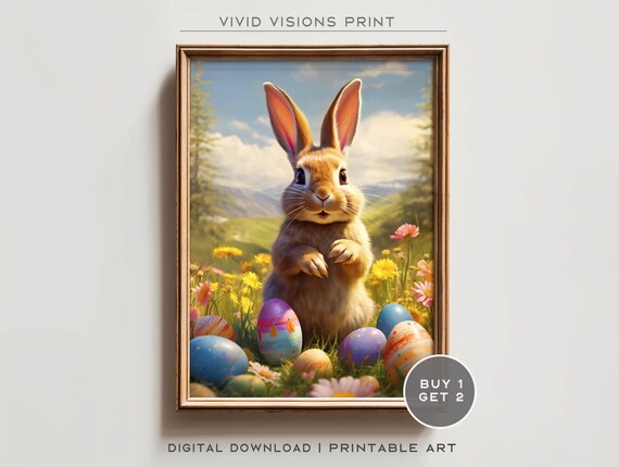 Easter Bunny Painted Eggs Flower Meadow Mountain Spring Poster