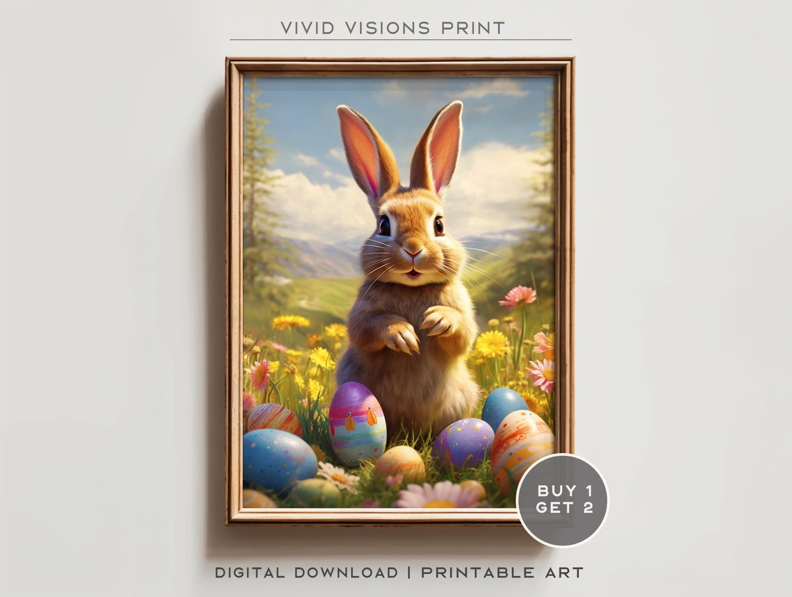 Easter Bunny Painted Eggs Flower Meadow Mountain Spring Poster