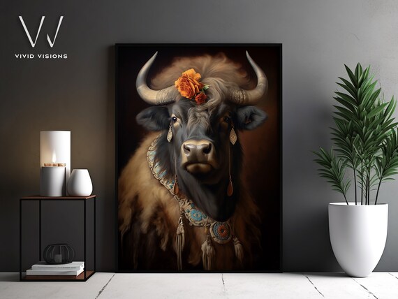 Buffalo with Orange Roses Beaded Jewelry Animal Portrait Poster