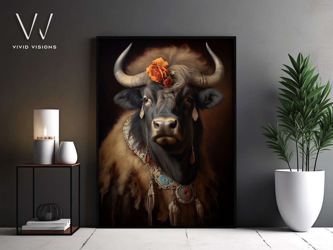 Buffalo with Orange Roses Beaded Jewelry Animal Portrait Poster