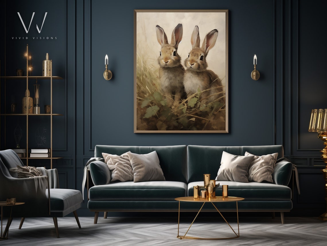 Two Bunnies in Tall Grass Vintage Easter Rabbit Spring Poster - Image 3