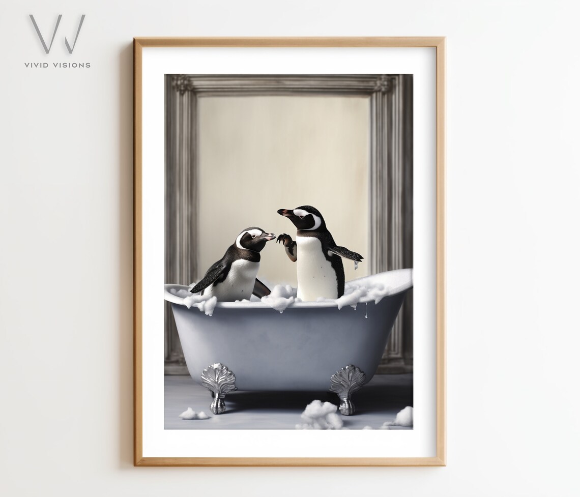 Two Funny Penguins Sharing a Bubble Bath in a Clawfoot Tub Poster