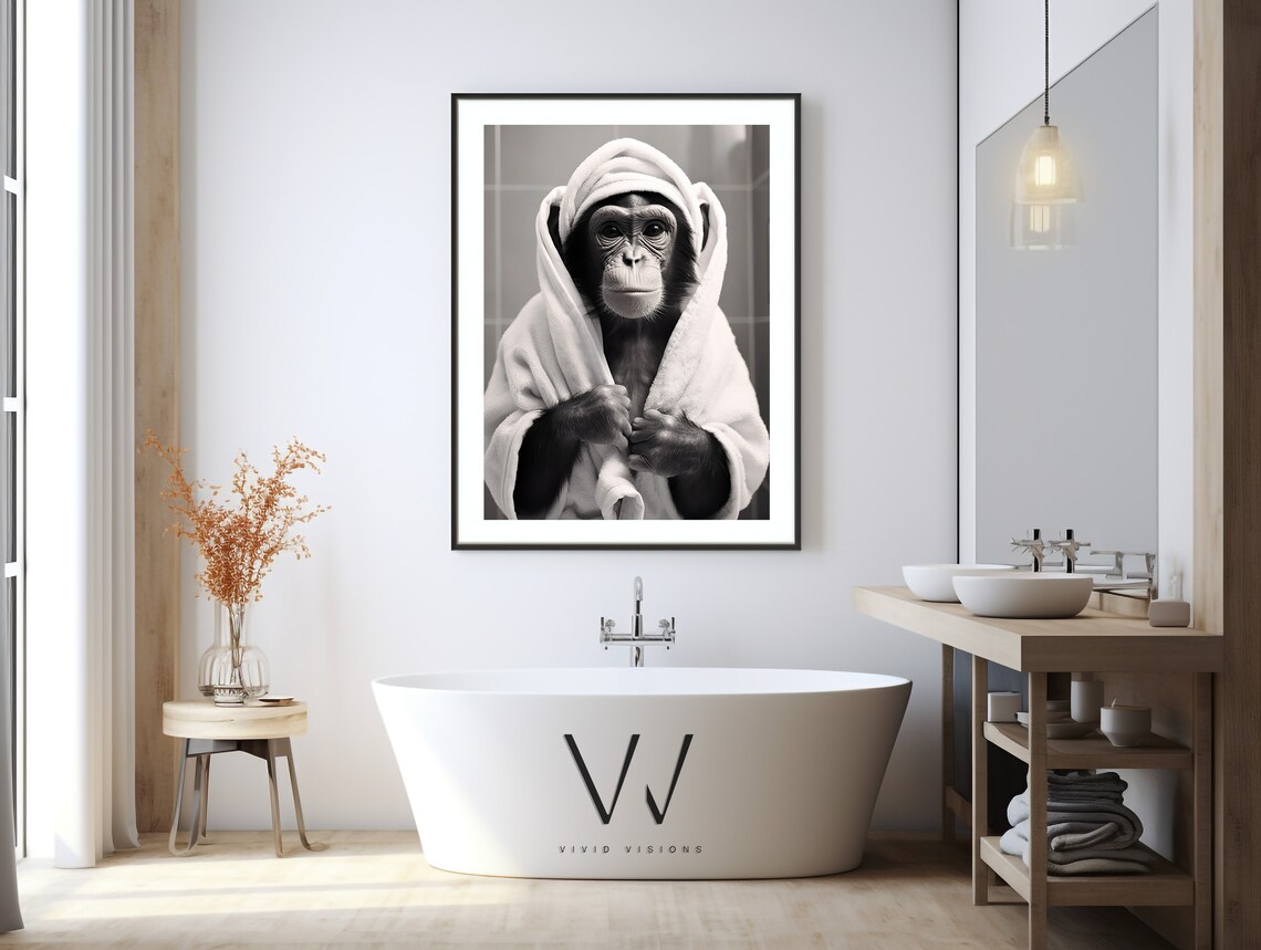 Chimpanzee in a White Bathrobe and Towel After Bath Fun Poster - Image 3