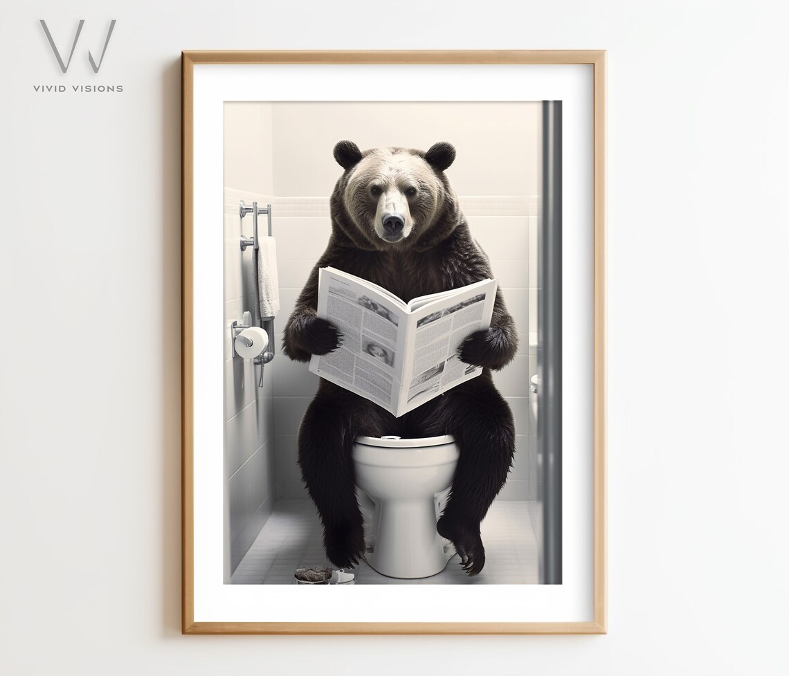Bear Sitting On The Toilet Reading Rustic Bathroom Art