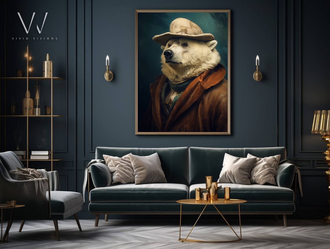 Polar Bear in a Wide Brim Hat and Brown Coat with Blue Cravat Poster - Image 3