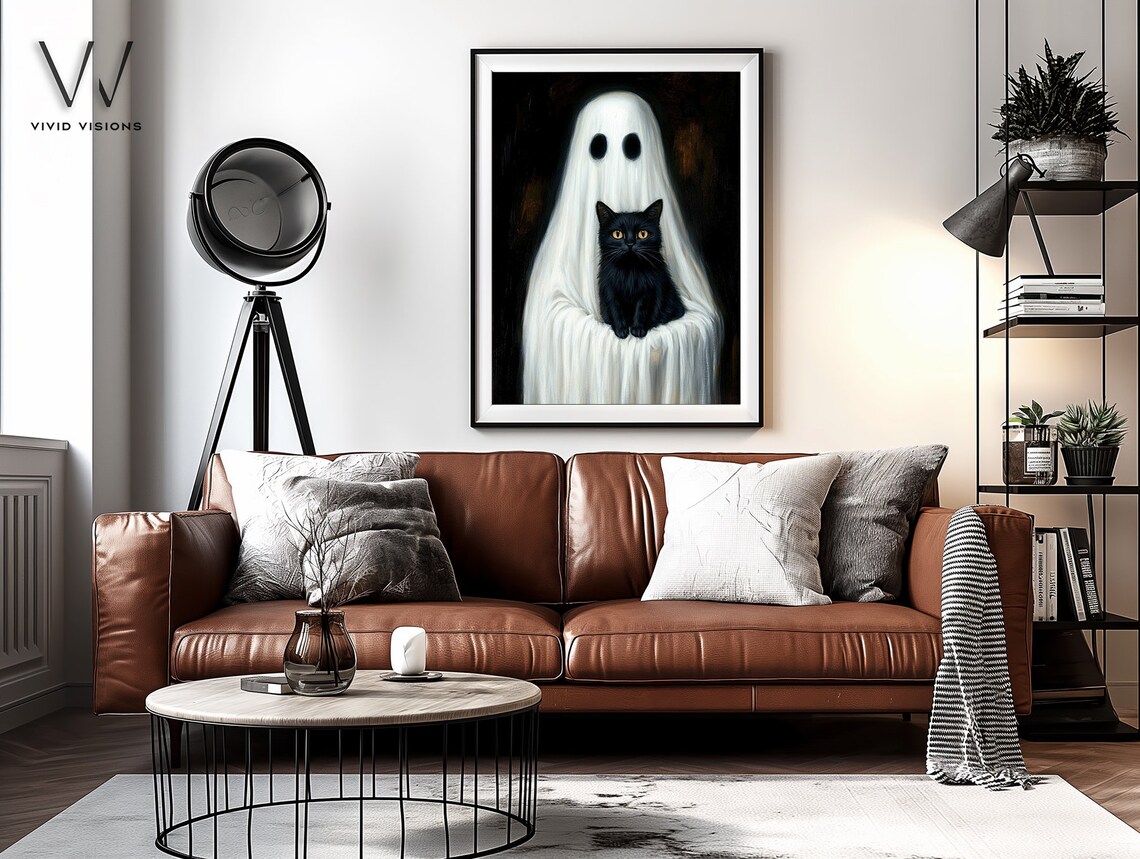Ghost Holding Black Cat Poster, Vintage Gothic Art - Image 3