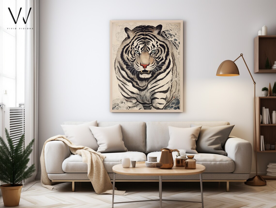 Antique Japanese Tiger Print, Vintage Woodblock Art - Image 4