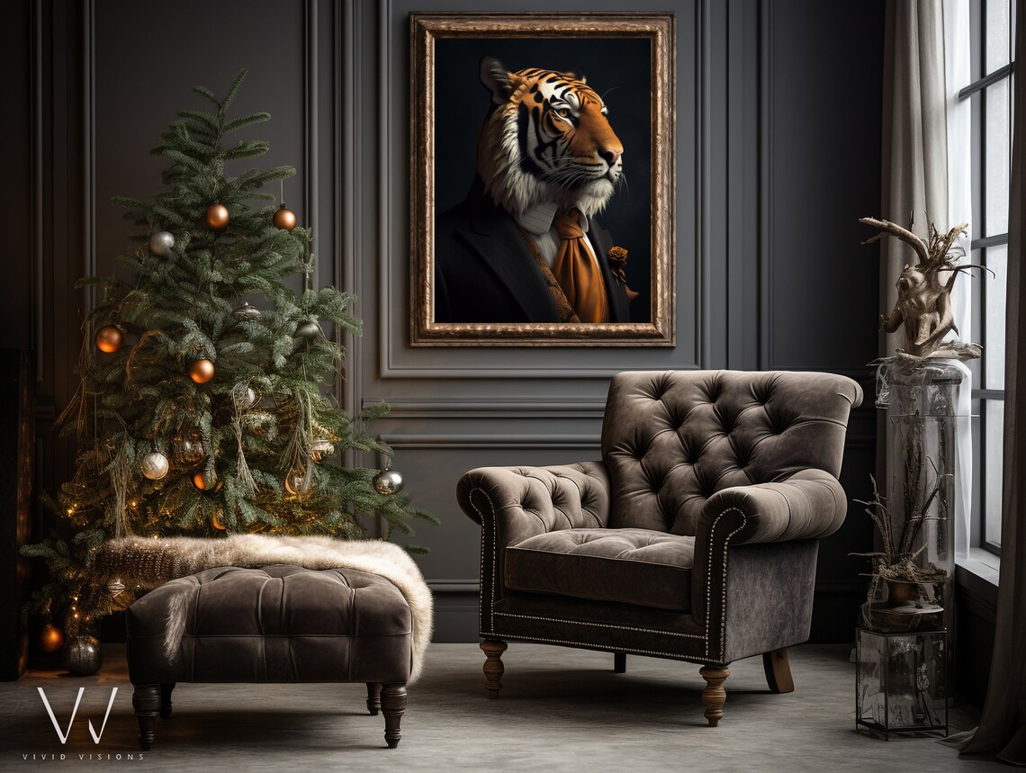 Tiger in Dark Suit Gold Tie Gentleman Portrait Moody Style Poster - Image 4