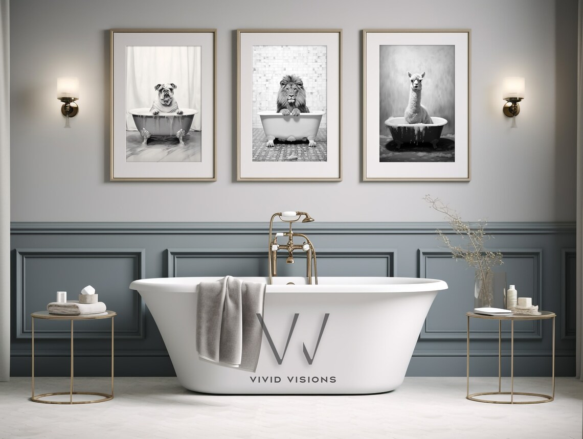 Set of 3 Animals in Bathtubs Black White Funny Bathroom Wall Art
