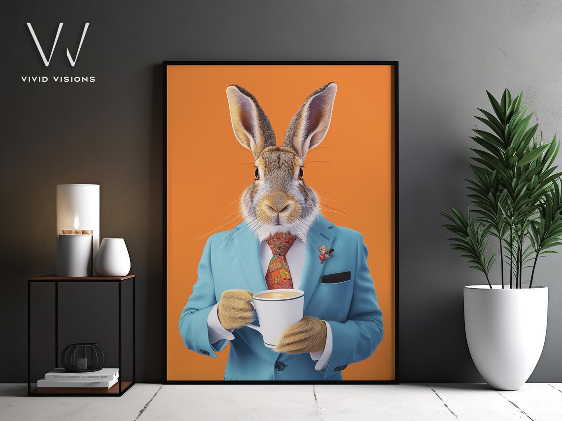 Hare in Turquoise Suit Holding Coffee Mug Funny Office Animal Poster
