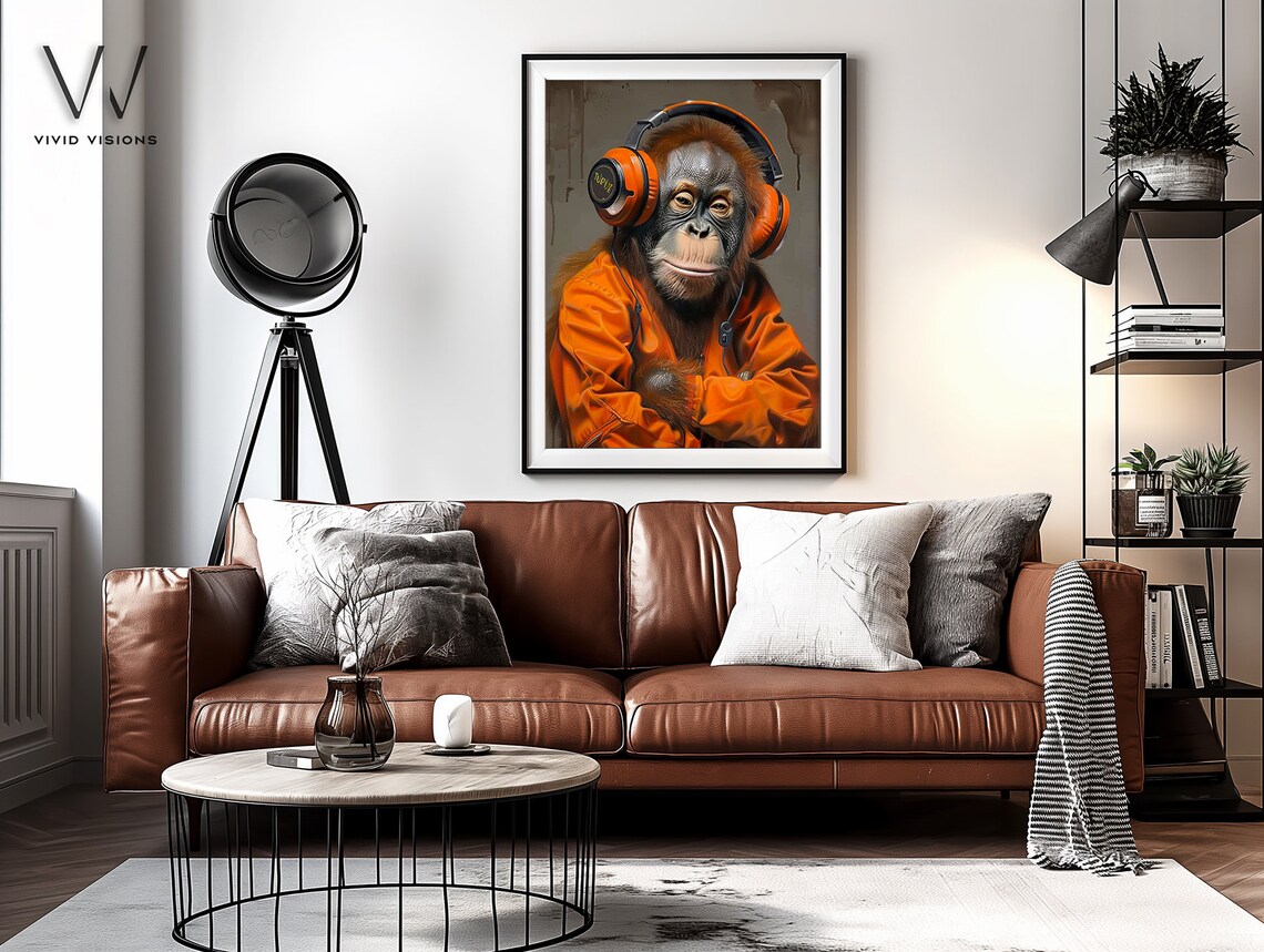 Orangutan with Orange Headphones Modern Music Animal Portrait Poster - Image 4