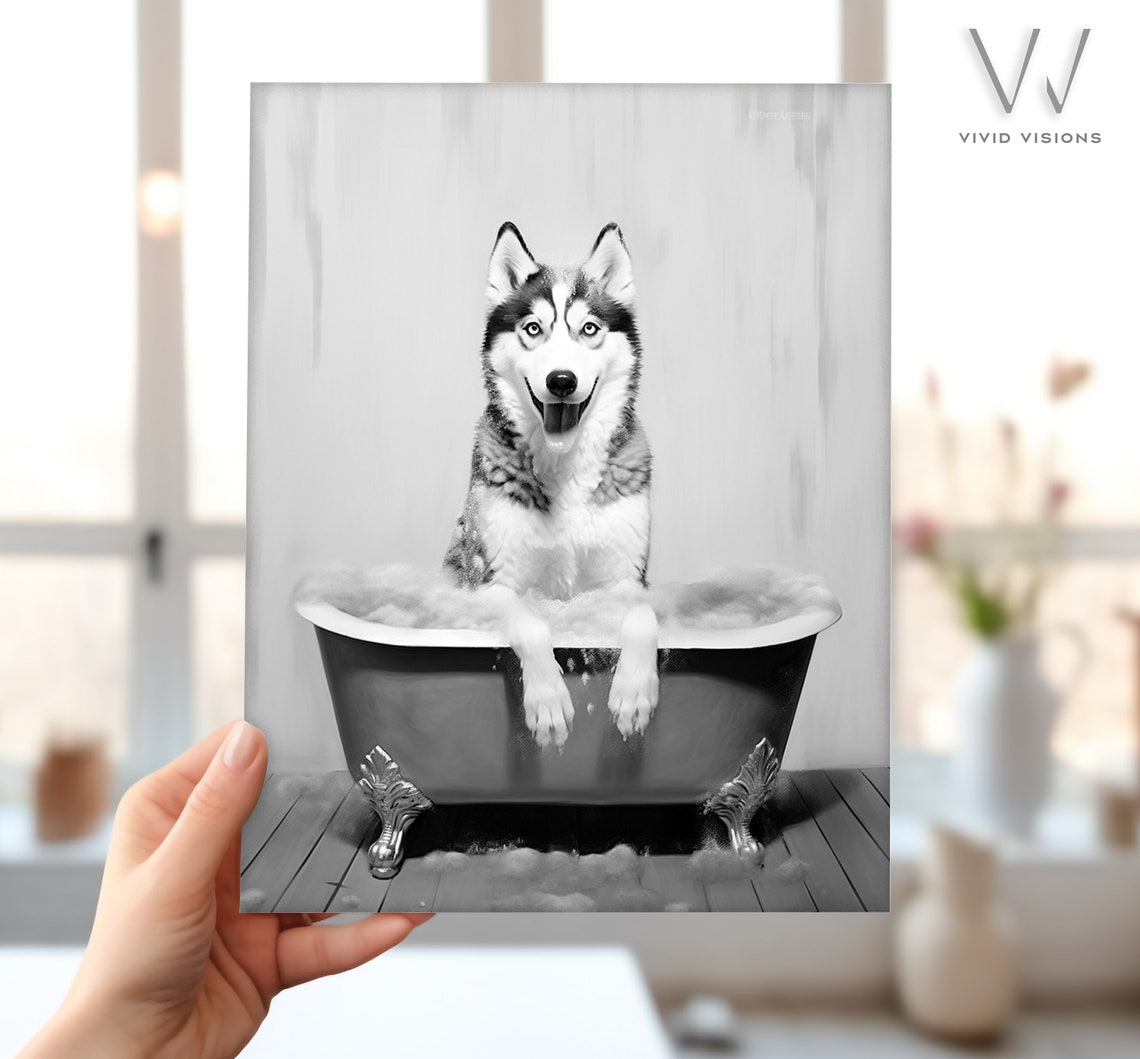 Siberian Husky Bubble Bath Black White Funny Bathroom Poster - Image 4