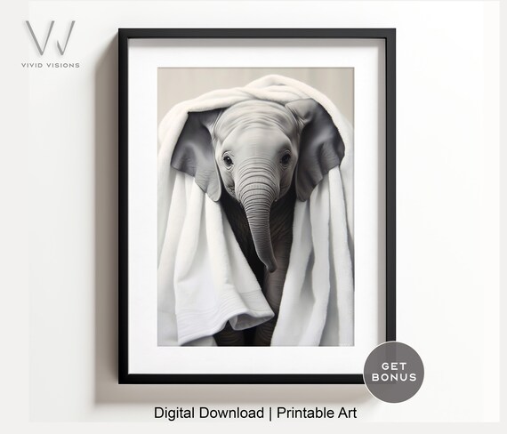 Adorable Baby Elephant with a White Towel Over Its Head Poster
