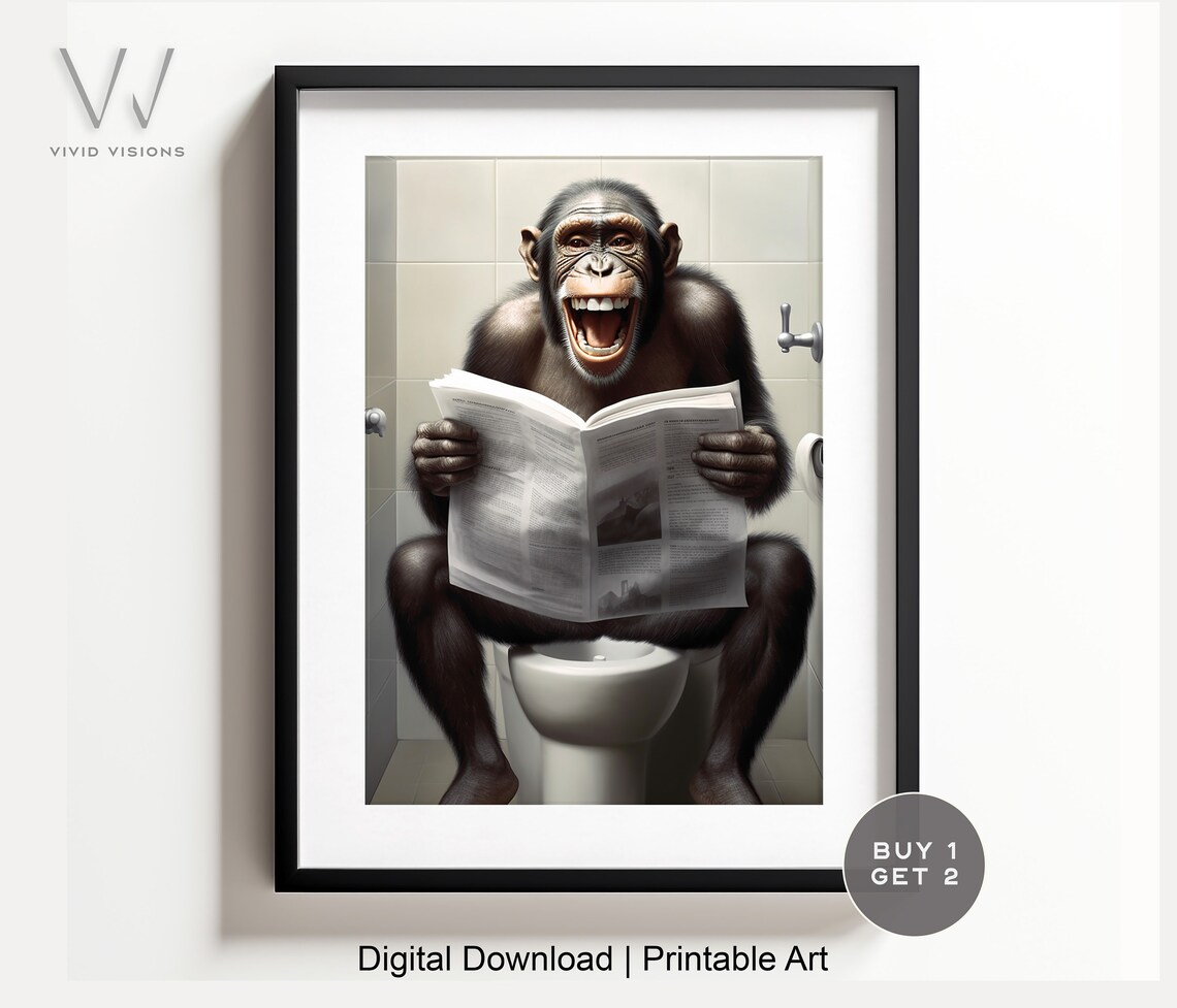 Laughing Monkey Reading the Newspaper on the Toilet Wall Poster