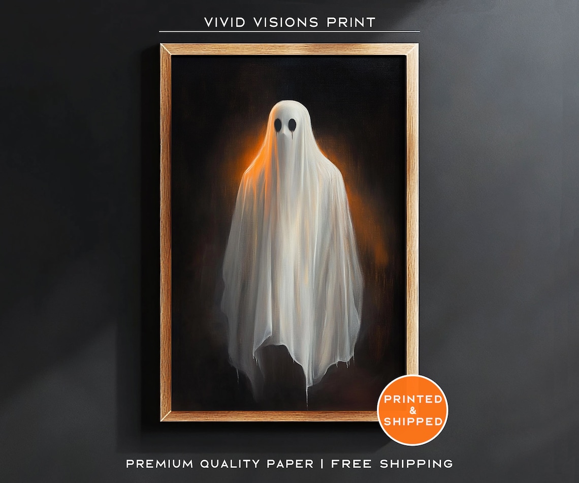 Lone Ghost With A Fiery Orange Glow Poster Minimal Moody Halloween Art