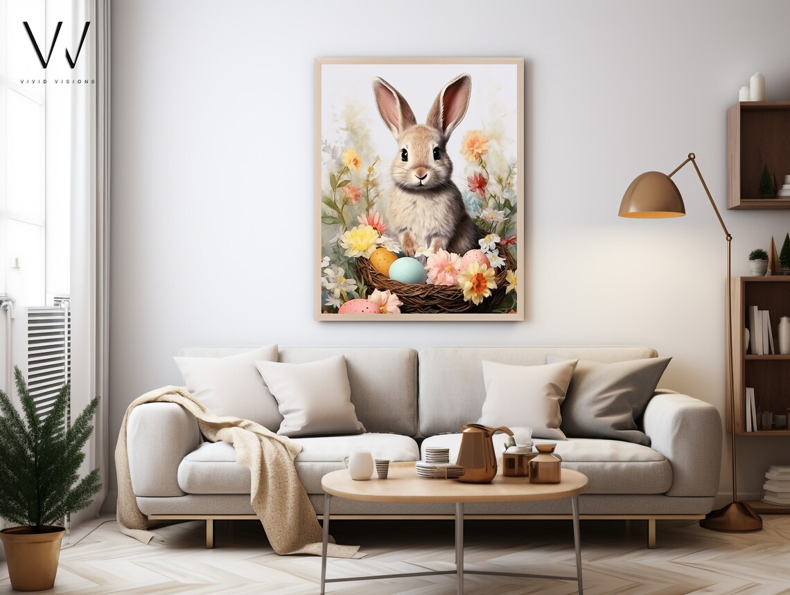 Easter Bunny in a Nest of Eggs among Watercolor Flowers Poster - Image 4