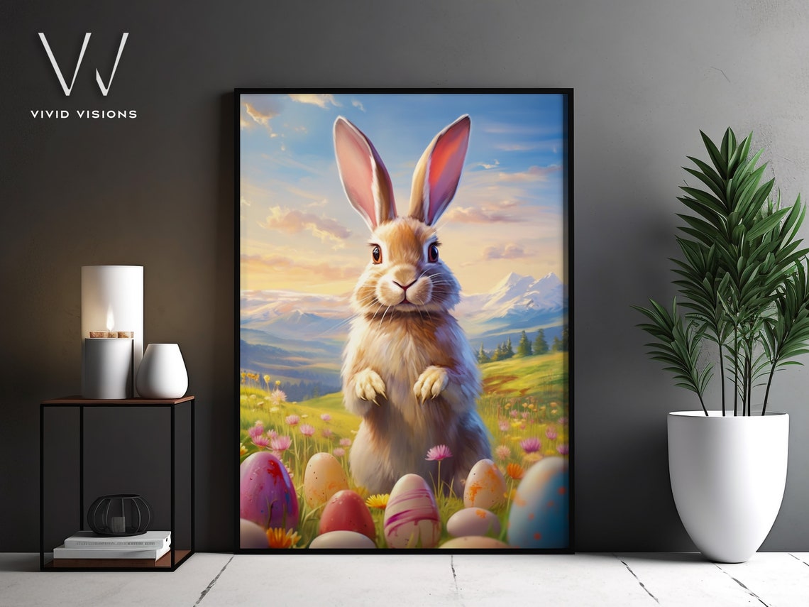 Adorable Easter Bunny Among Colorful Eggs at Mountain Sunset Poster
