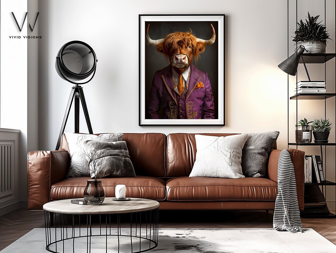 Dapper Highland Cow In Purple Suit Art Print - Image 4