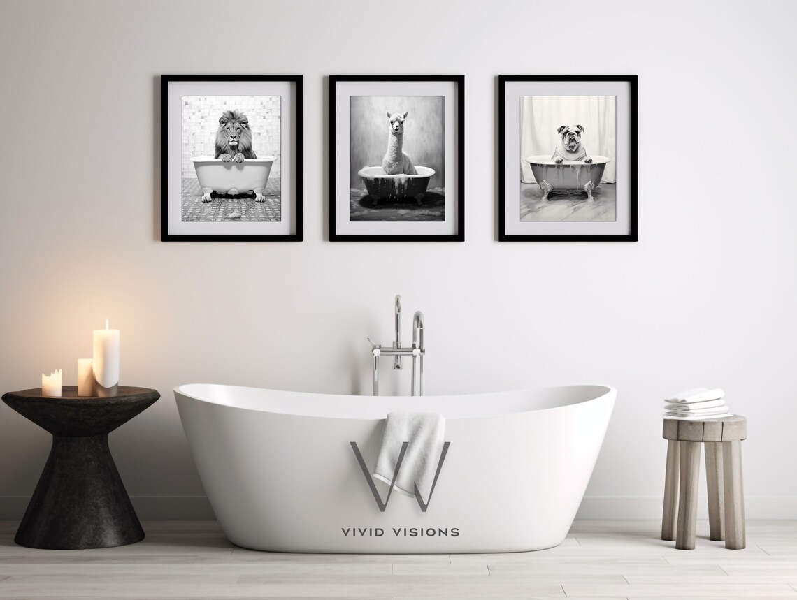 Set of 3 Animals in Bathtubs Black White Funny Bathroom Wall Art - Image 3