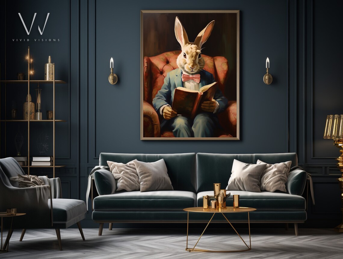 Gentleman Rabbit Reading Book Bow Tie Vintage Aristocrat Poster - Image 3