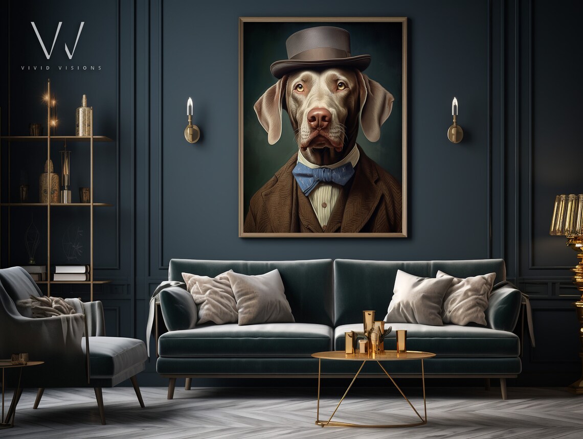 Cream Dog in a Gray Top Hat with Blue Bow Tie Vintage Dapper Poster - Image 3