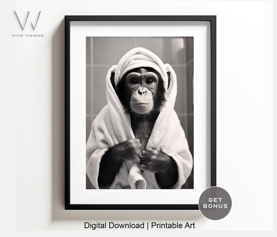 Chimpanzee in a White Bathrobe and Towel After Bath Fun Poster