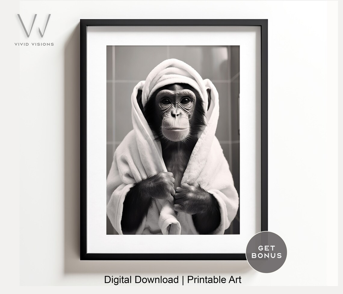 Chimpanzee in a White Bathrobe and Towel After Bath Fun Poster