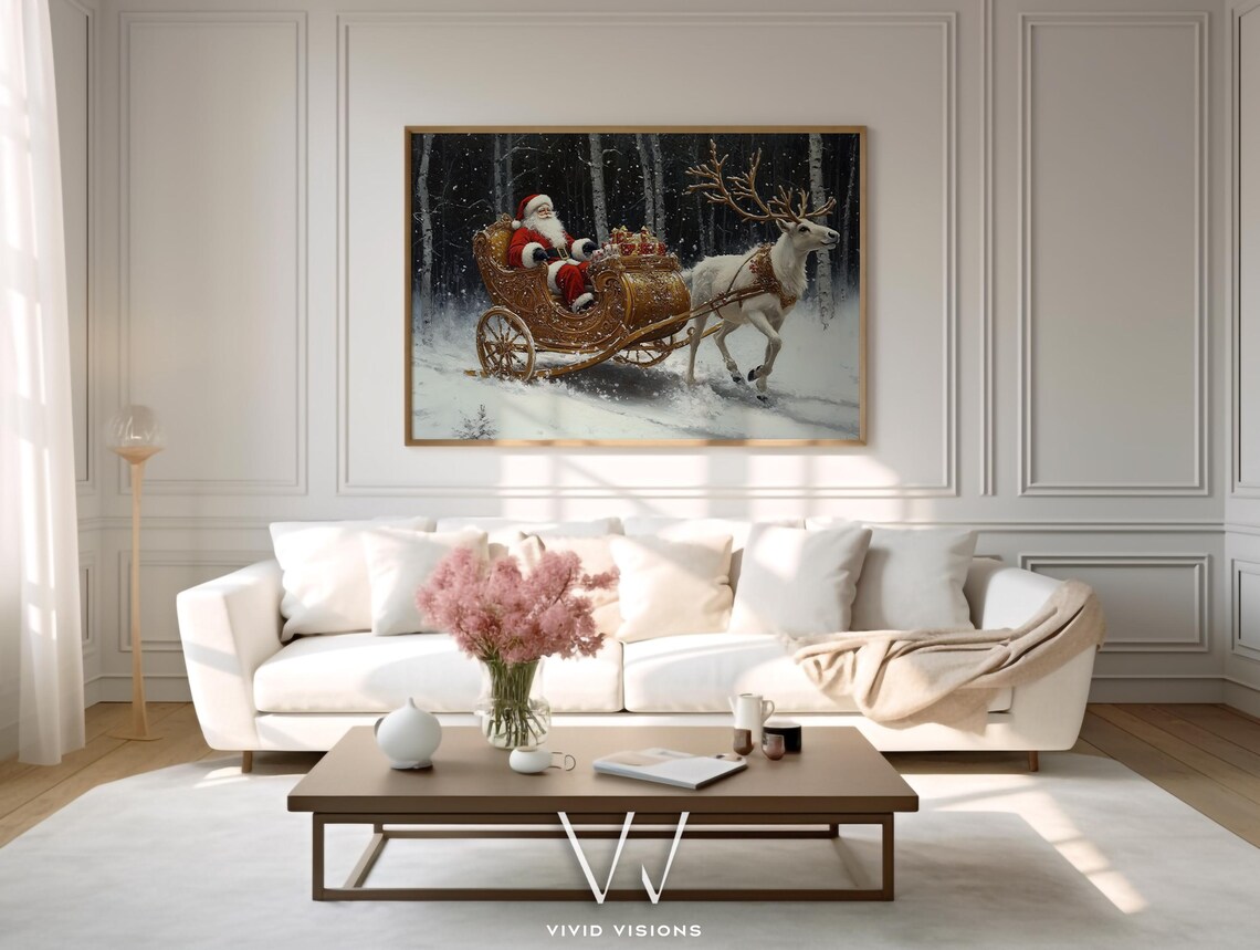 Santa In Ornate Sleigh, Elegant Christmas Art Print - Image 3