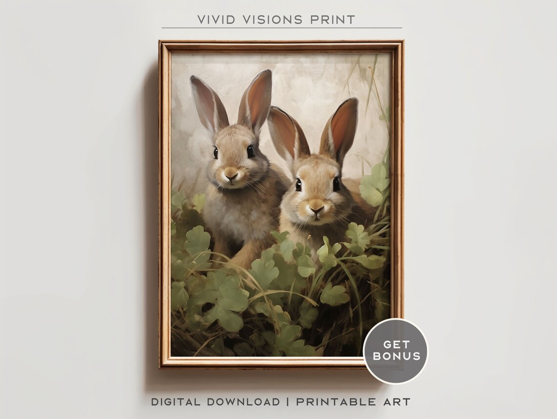 Bunny Pair among the Clover Vintage Spring Rabbit Wall Poster