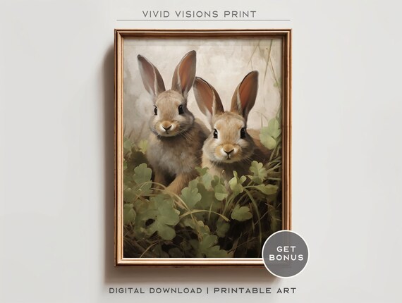 Bunny Pair among the Clover Vintage Spring Rabbit Wall Poster