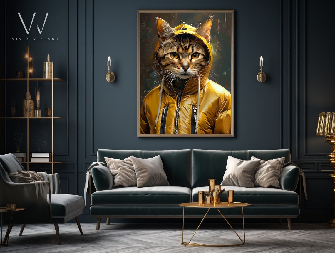 Modern Cat Portrait Stylish Animal Art Trendy Cat In Yellow Hoodie Contemporary Wall Art Vintage Style Poster Unframed Art 1327 - Image 3