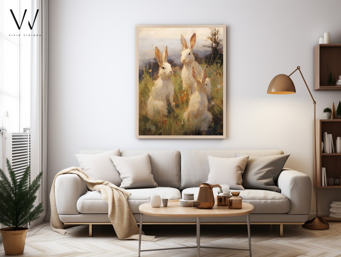 White Rabbits Wildflower Meadow Spring Vintage Animal Poster - Image 4