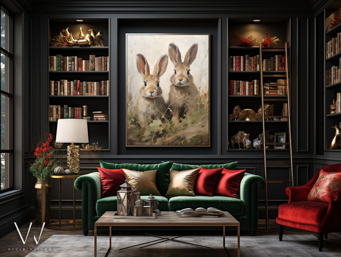 Two Brown Bunnies in Tall Grass Vintage Rustic Rabbit Art Poster - Image 4